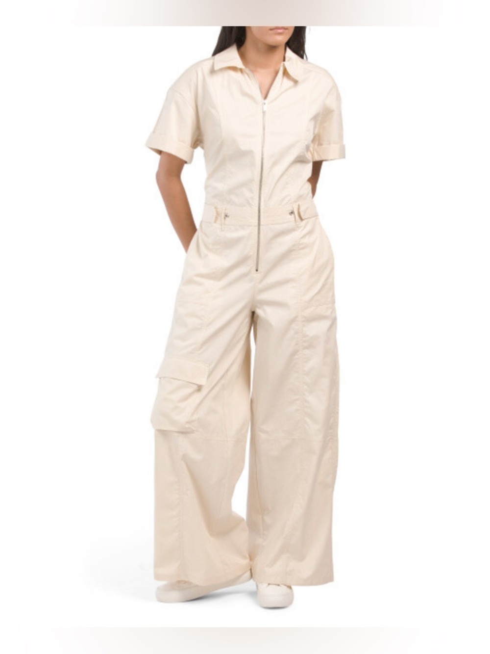 Zara Cream Short-Sleeve Wide-Leg Utility Jumpsuit